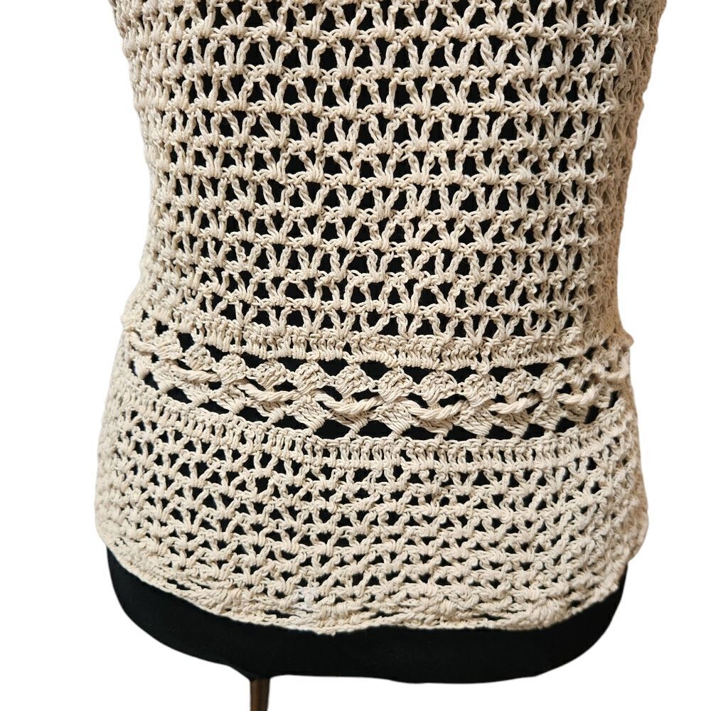 Vintage Crochet Shirt S M Cardigan Ivory Ecru Doily Scallop Loose Weave V Neck - Picture 5 of 10